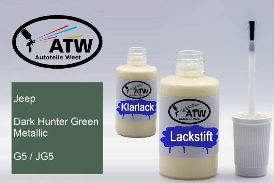 Jeep, Dark Hunter Green Metallic, G5 / JG5: 20ml Lackstift + 20ml Klarlack - Set, von ATW Autoteile West.